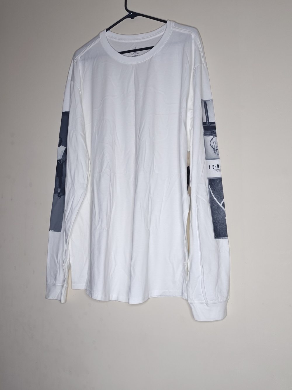Jordan Nike White Long Sleeve Graphic Tee with Black Sleeve Panels